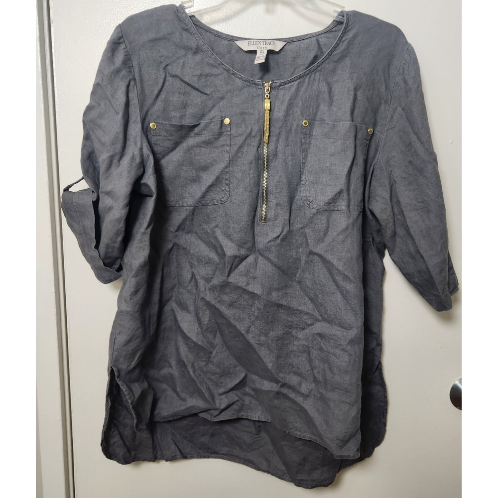 Ellen Tracy Womens Linen Roll Tab Sleeve Scoop Neck Gold Zipper Gray Tunic Large